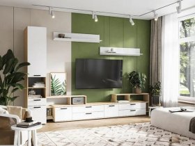 Модульная стенка Санса (дуб сонома/белый) в Золотинке - zolotinka.mebel-nsk.ru | фото